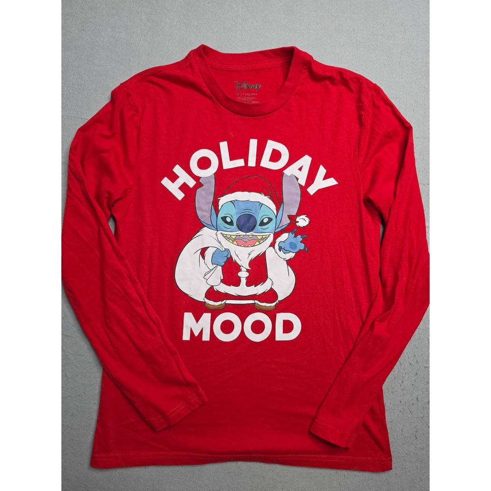 Disney T-Shirt Mens Small Red Santa Stitch Graphic Cotton Long Sleeve Streetwear